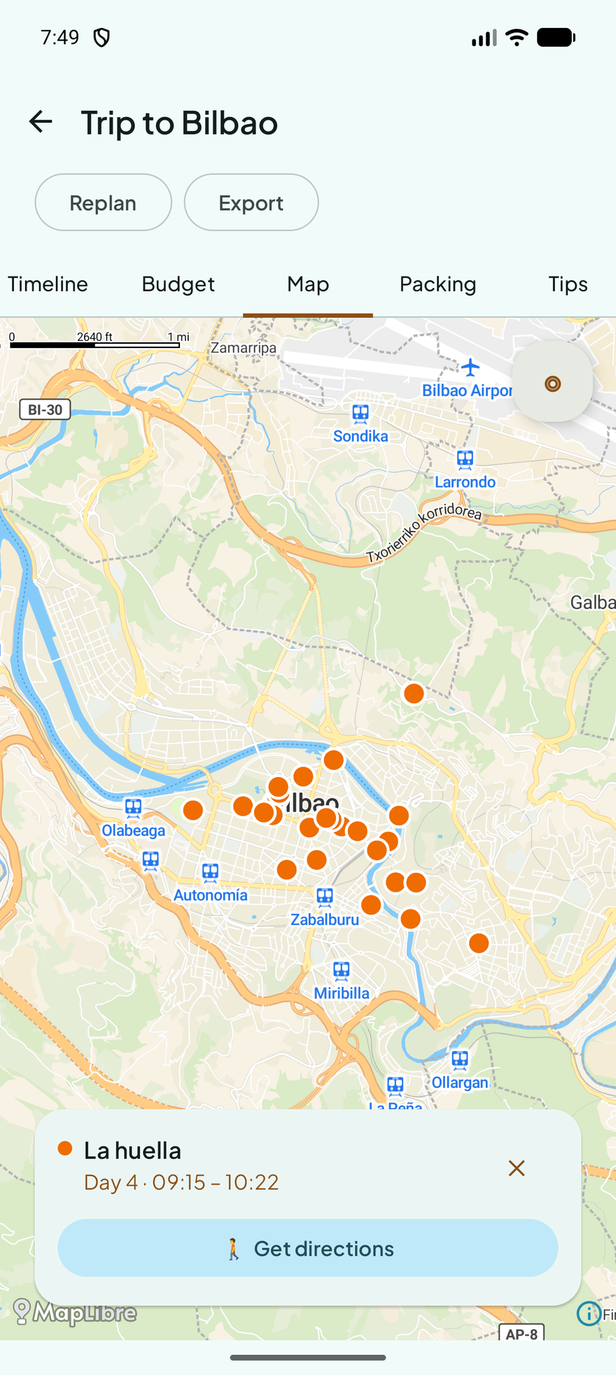 Interactive map of Bilbao with the day's stops marked as pins.
