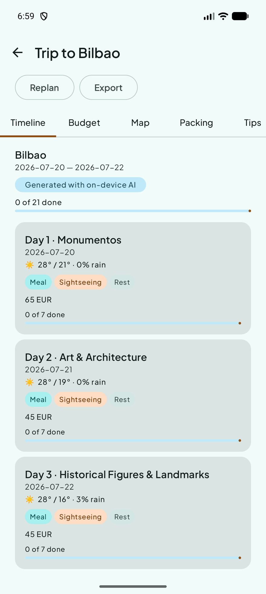 Day-by-day itinerary for a trip to Bilbao, with weather and estimated cost per day, generated by an on-device AI.